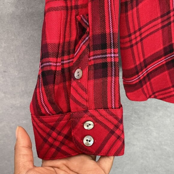 J Jill Top‎ Womens Sz 1X Red Black Plaid Corduroy Button Up Pleated Shirt Blouse - Picture 5 of 12